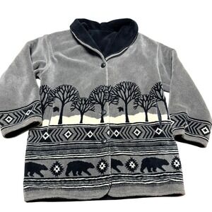 Scenic Fleece Jacket Bear Tree Southwest Grey Button‎ Up Cabincore L/XL Oversize